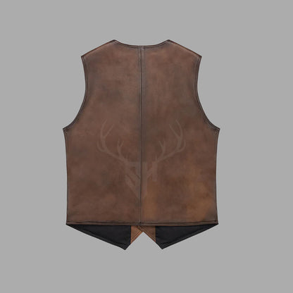 Back view of men's brown distressed cowhide leather vest highlighting customizable space for patches, engravings, or club logos—built for durability and classic biker style.

