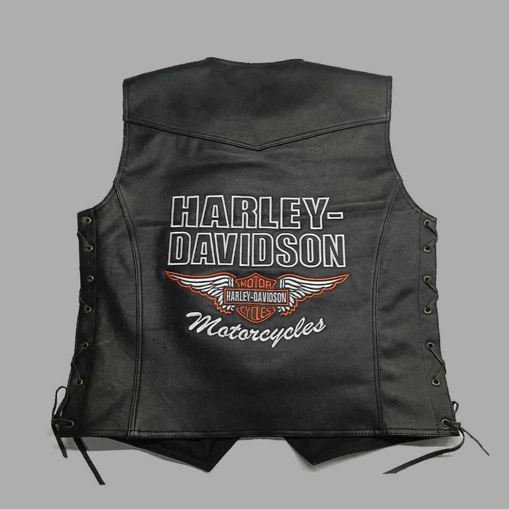 Back view of the Harley Davidson Men's Black Leather Café Racer Vest, highlighting its clean design and precision-cut cowhide leather construction. Ideal for motorcycle riders and club members, this vest offers space for custom patches while maintaining a bold and timeless Harley-Davidson look.

