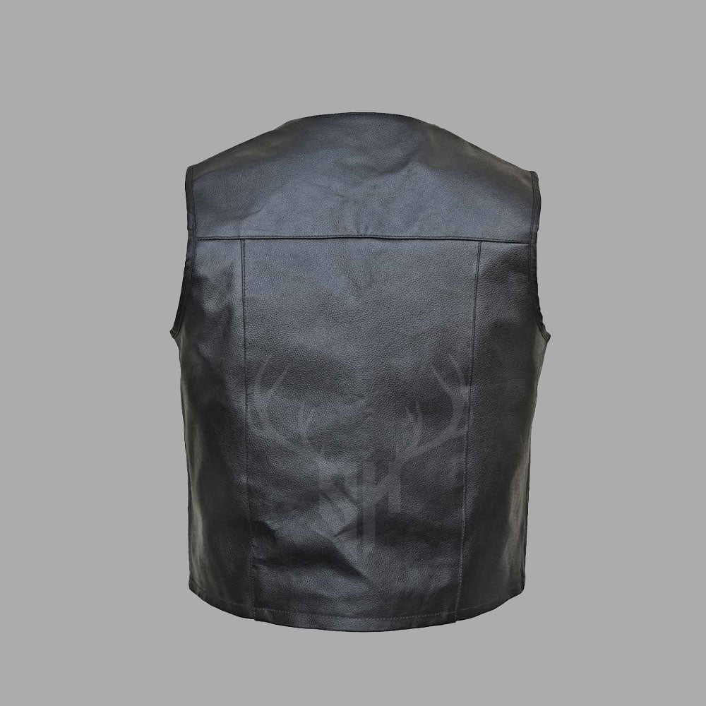 Back view of the Pro Rider cowhide leather motorcycle vest in matte black, featuring a smooth, customizable surface for embroidery or MC logos. The classic design blends durability and style, making it perfect for personal or club representation on the road.

