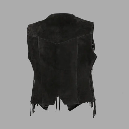 Back view of the women's Nova vest, showing full-length suede fringe cascading along the back for movement and a standout western fashion statement.

