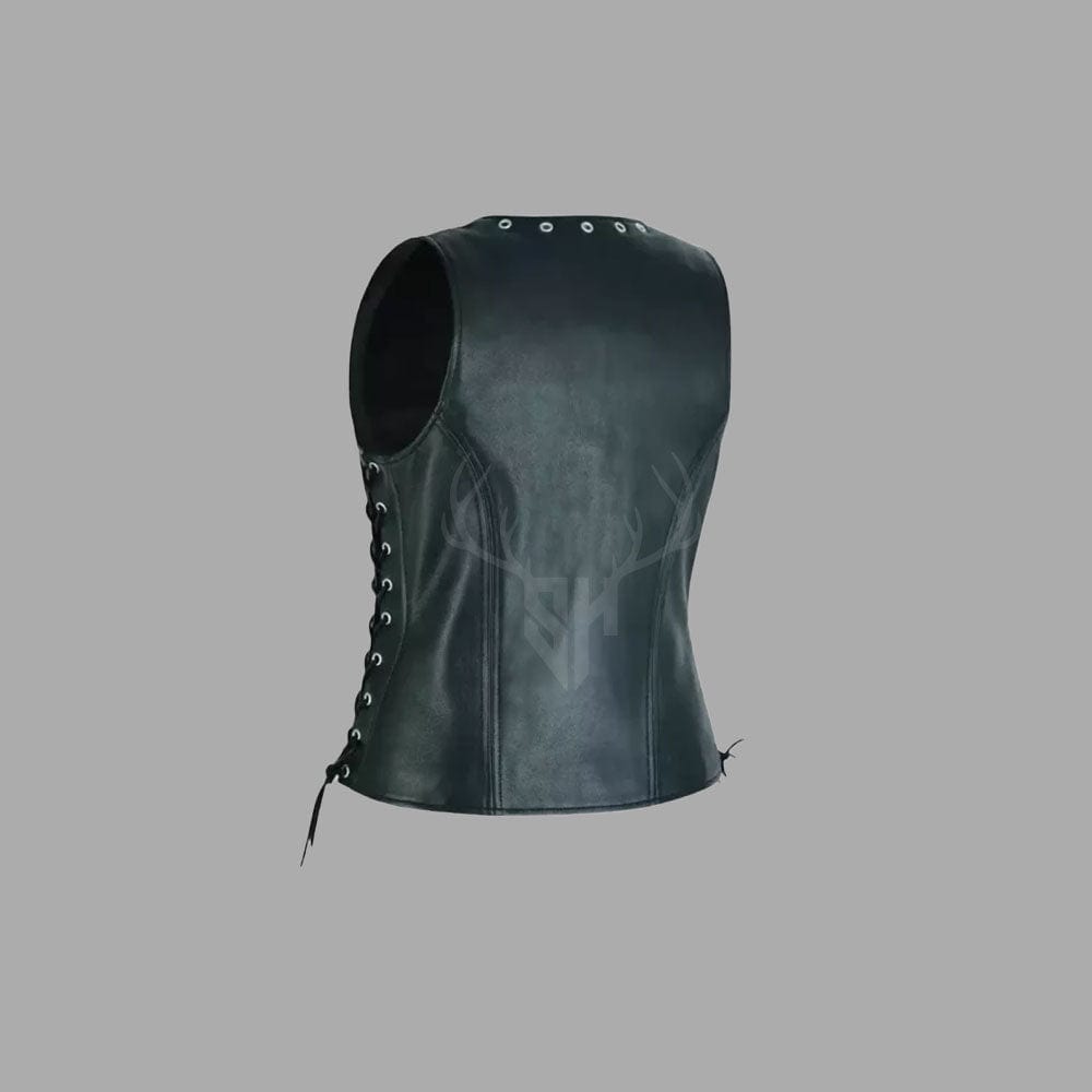 Backside of women's cowhide leather biker vest with adjustable side laces and breathable lining, perfect for female motorcycle riders and MC customization.