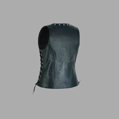 Backside of women's cowhide leather biker vest with adjustable side laces and breathable lining, perfect for female motorcycle riders and MC customization.