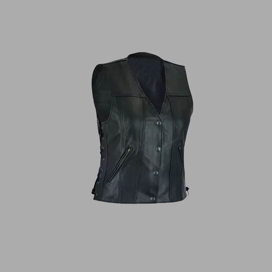 Black Thunder women's leather motorcycle vest with side laces