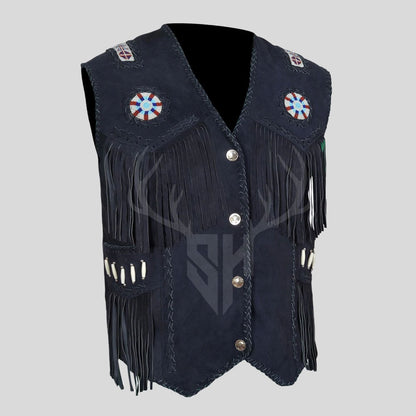 Black cow suede fringe leather vest with handmade beadwork, perfect for western and rodeo styling.

