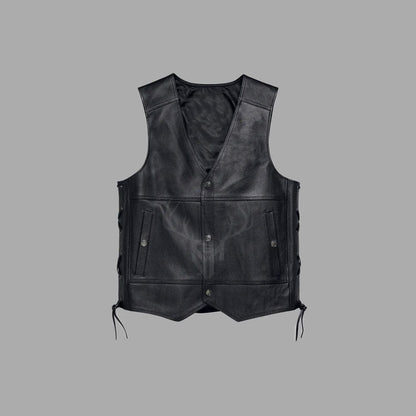  Black goat leather motorcycle club vest for men made from A+ goatskin with a shiny distressed finish, side laced closure, multiple outer pockets, and durable brass button hardware—ideal for customization with patches and logos.