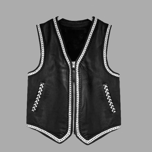 Front view of the Ironbraid black cowhide biker vest, featuring braided leather detailing, full YKK zipper closure, and handcrafted western style.

