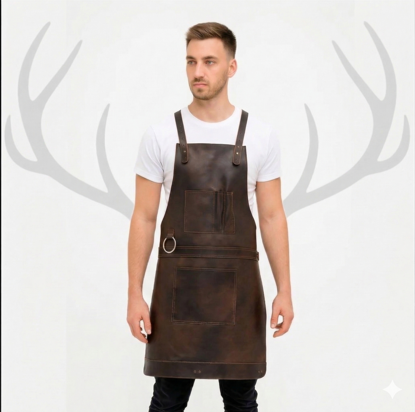 Bristol Dark Brown Distressed Leather BBQ Apron – full-grain cowhide with chest pocket and dual lower pockets, worn by male model on white background