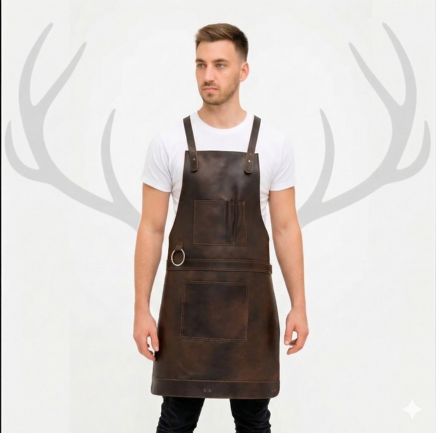 Bristol Dark Brown Distressed Leather BBQ Apron – full-grain cowhide with chest pocket and dual lower pockets, worn by male model on white background