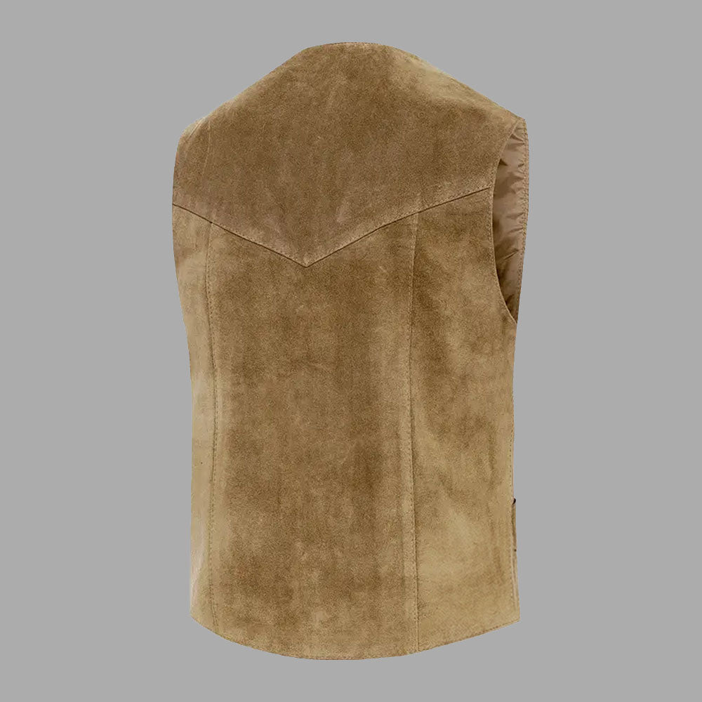 Back view of the Alabama Beige cowhide western vest, showing smooth beige leather panels, reinforced seams, and a classic straight-cut back design that reflects traditional cowboy styling and timeless rugged fashion appeal for men's western wear.

