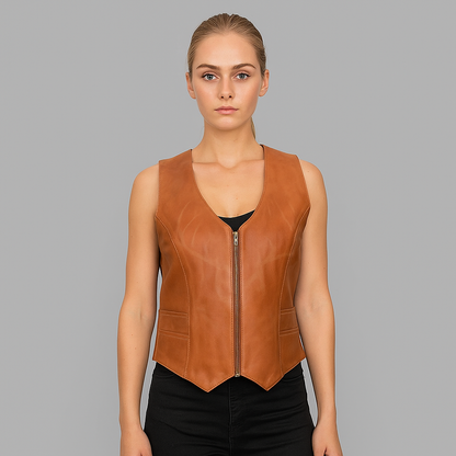 Rustic Rider Brown Cowhide Leather Women's Biker Vest