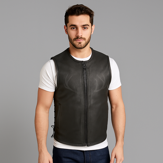 Rugged Black Biker Vest – Side Laced & Club Ready