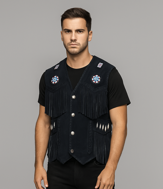 TrailBlaze Black Fringe Western Leather Vest