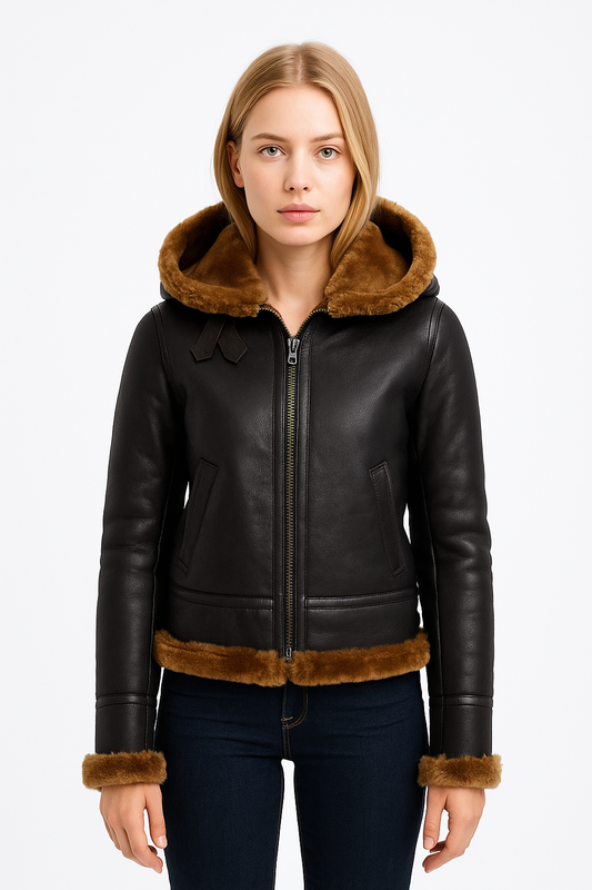 Black & Brown Aviator Shearling Hooded Leather Bomber Jacket