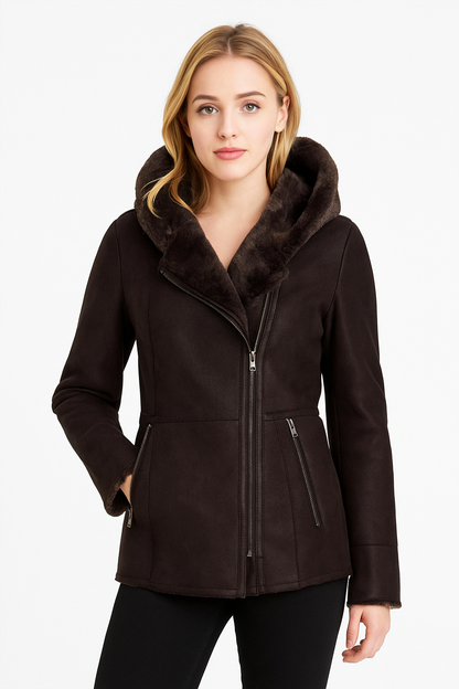 Luxurious Black Shearling Leather Jacket for Women – Winter Fur Hooded Coat