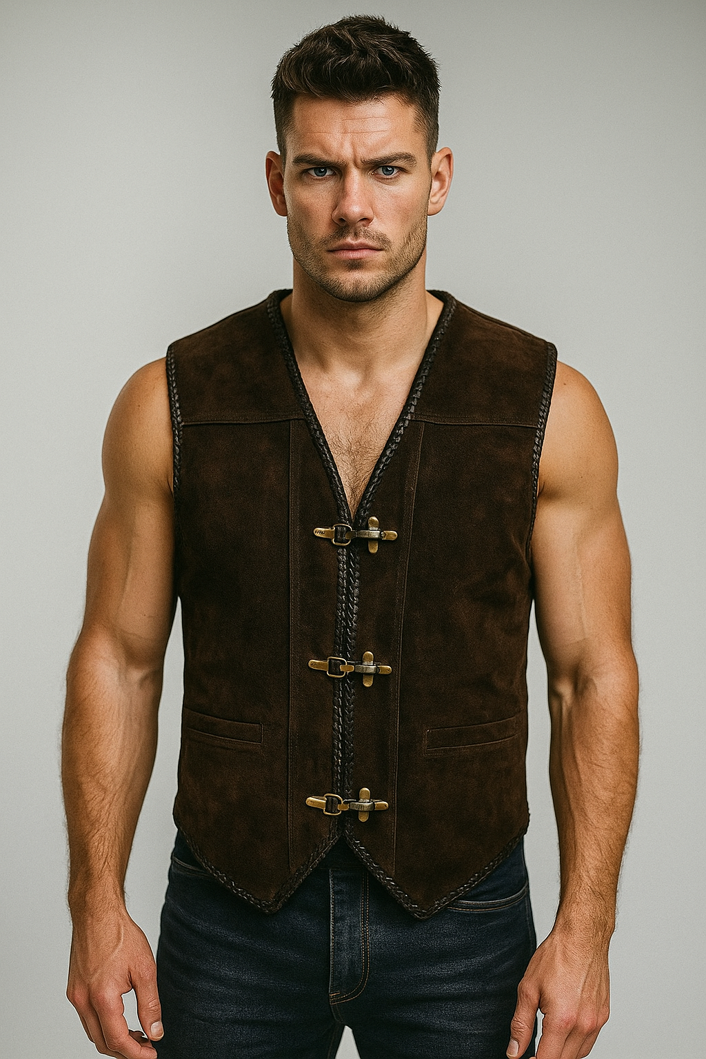 Outlaw Spirit Suede Vest – Chocolate Brown leather biker vest by Staghide
