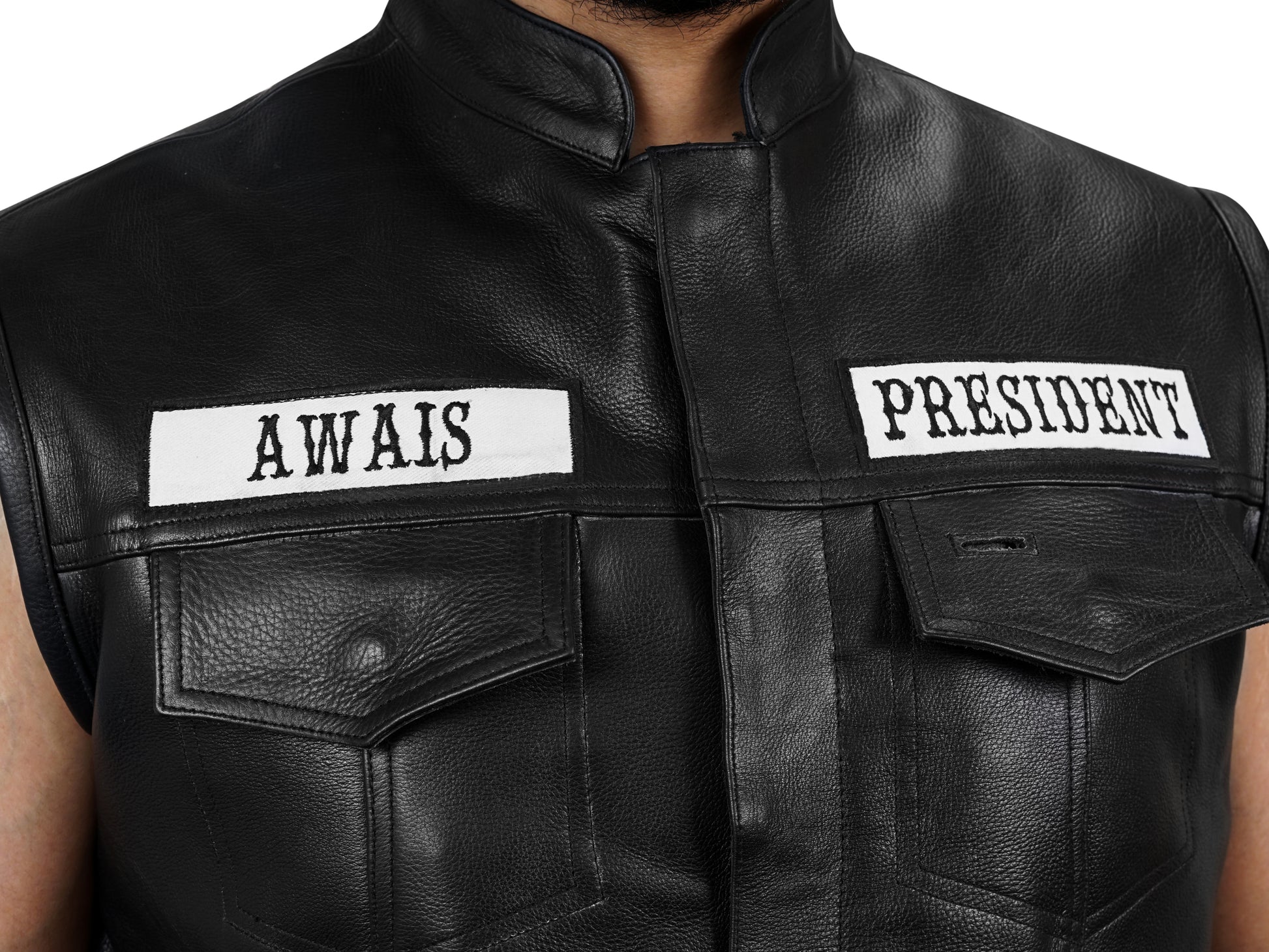 Close-up image highlighting the natural cowhide leather grain of the Staghide MC vest, showcasing the rugged finish and premium material quality suitable for custom embroidery and club patches.

