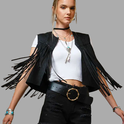Close-up of suede fringe on the Onyx Black vest, showcasing soft cowhide leather and premium stitched fringe designed for western flair and motion.

