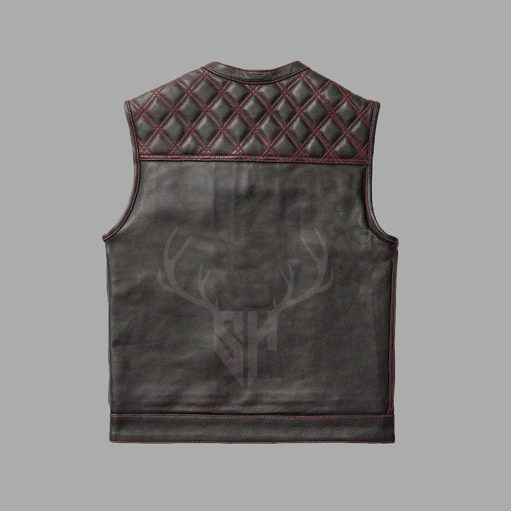 Custom leather vest for motorcycle riders, built with premium cowhide and a stylish printed polyester lining that reflects your club identity or personal flair.