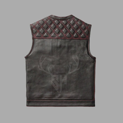 Custom leather vest for motorcycle riders, built with premium cowhide and a stylish printed polyester lining that reflects your club identity or personal flair.