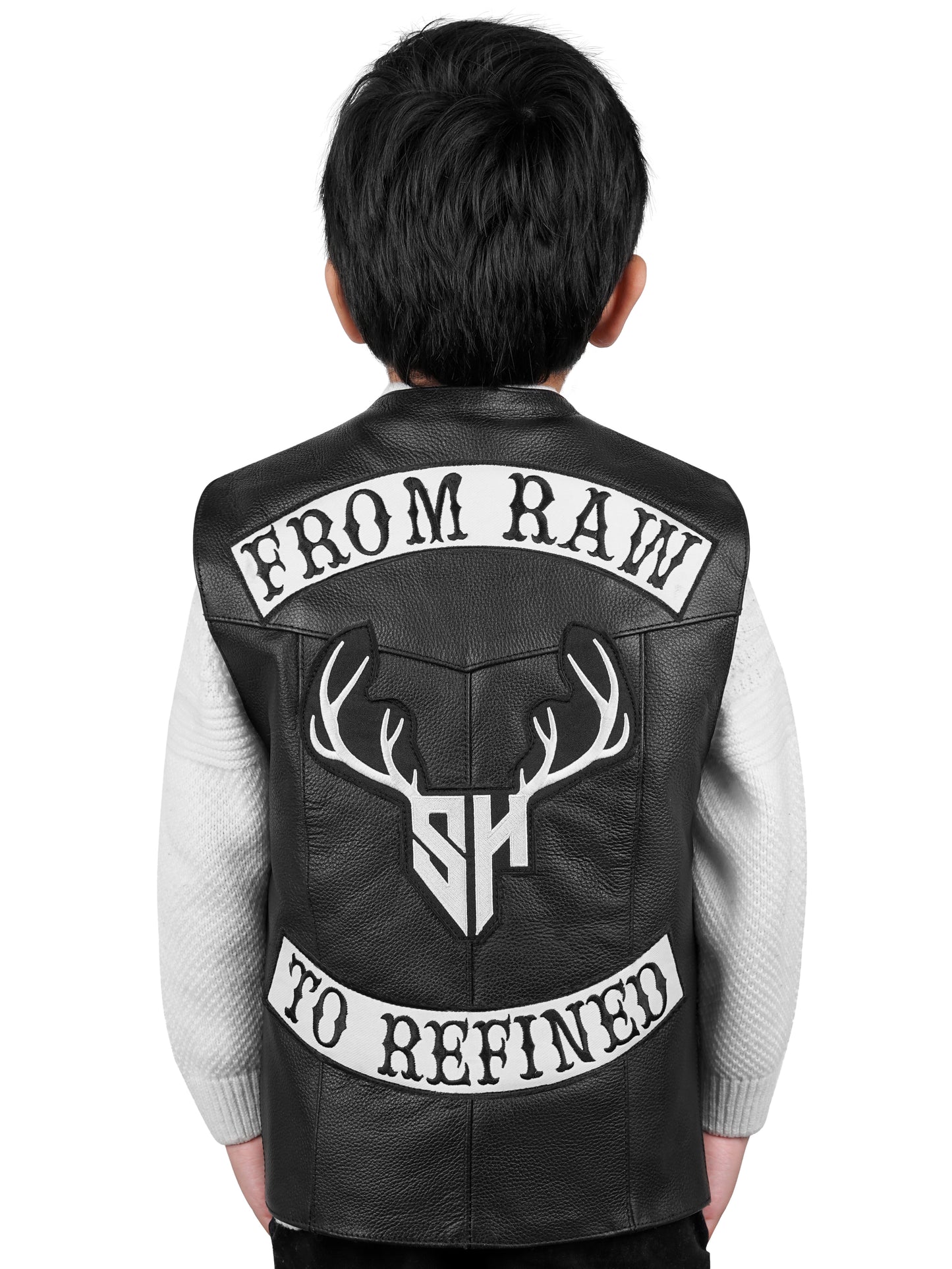Customizable children’s leather biker vest featuring soft lining, tailored fit, and rugged durability—ideal for boys and girls in motorcycle clubs.