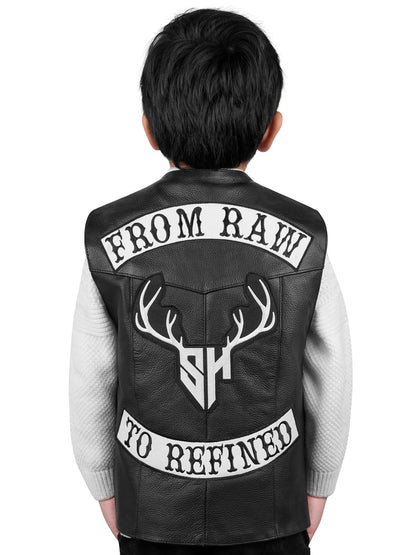 Customizable children’s leather biker vest featuring soft lining, tailored fit, and rugged durability—ideal for boys and girls in motorcycle clubs.