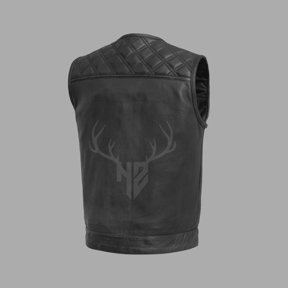 Customizable cowhide leather motorcycle vest with vintage brass hardware, biker-style rugged design, and tailored fit for men in motorcycle clubs, featuring engraved accessories and patch-ready panels for club loyalty expression.

