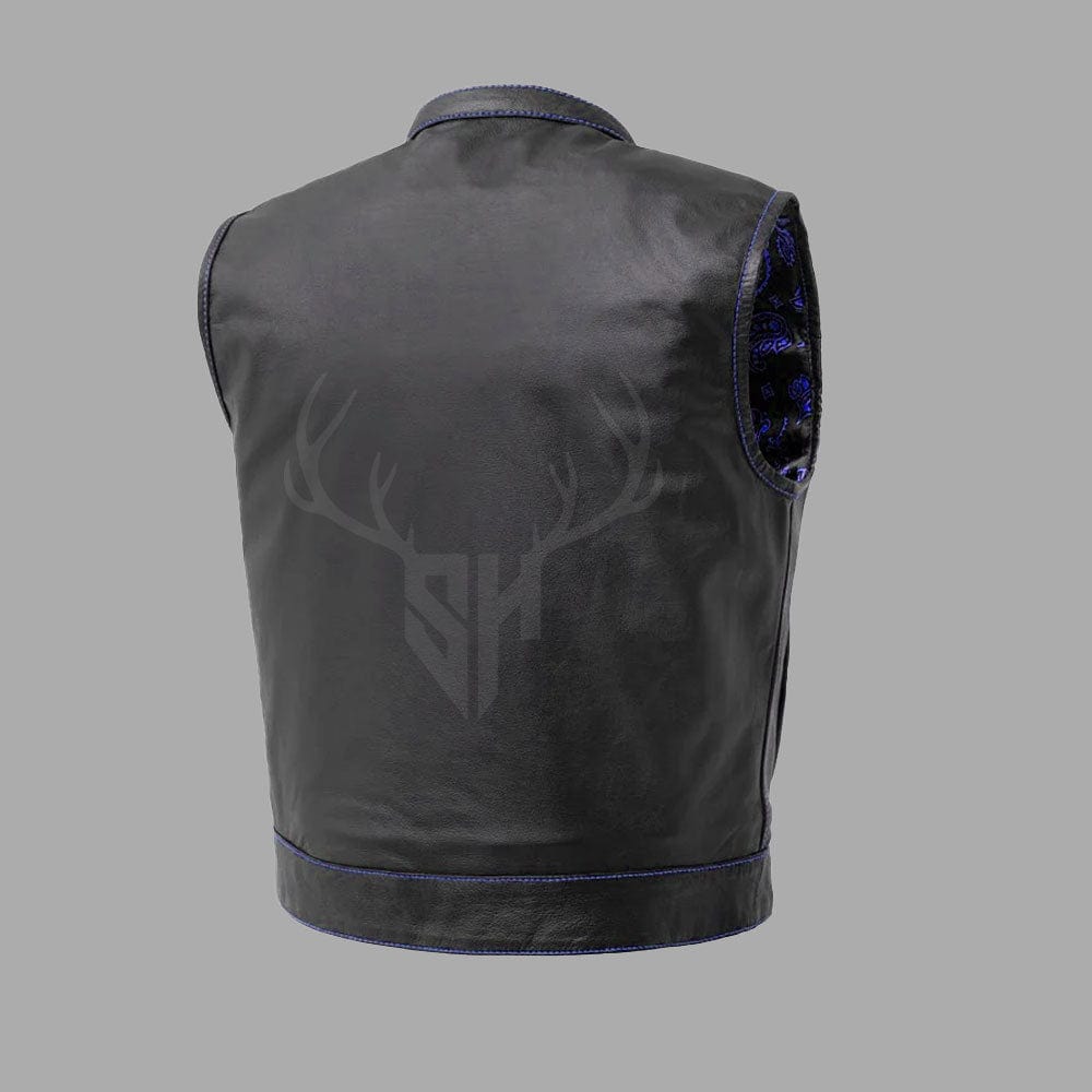 Customizable leather motorcycle vest with detailed printed lining, built for both solo riders and club members who value comfort, toughness, and design.
