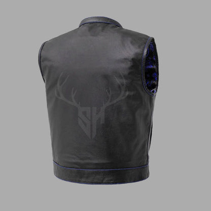 Customizable leather motorcycle vest with detailed printed lining, built for both solo riders and club members who value comfort, toughness, and design.