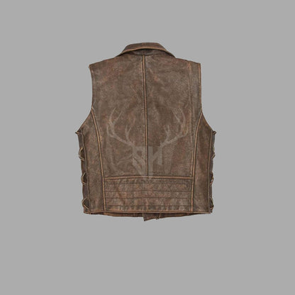 Customizable steampunk leather vest made from distressed A+ cowhide, featuring brass accents and vintage gothic aesthetics for bold alternative fashion.