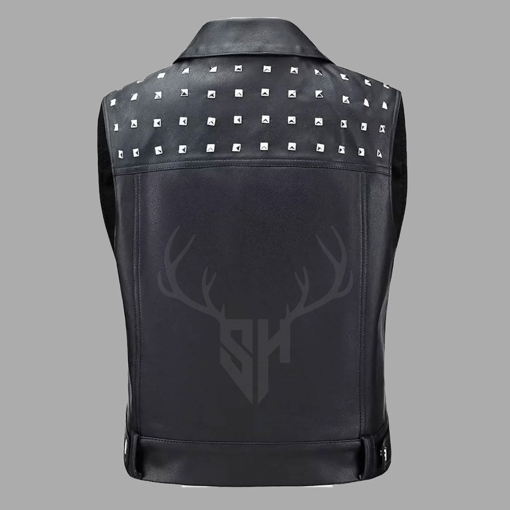 Customizable studded motorcycle vest crafted from premium cowhide leather, perfect for bikers who want a breathable, bold, and functional riding outfit.