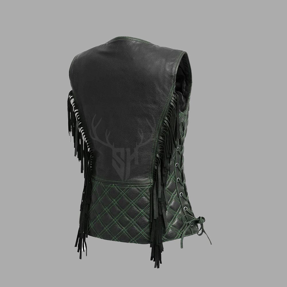 Customizable women's black biker vest with stylish fringe accents, breathable polyester lining, and high-quality brass button detailing for a rugged yet feminine look.