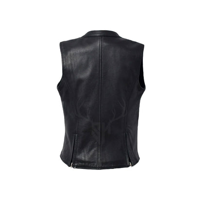 Customizable zippered black leather vest for women, made from A+ cowhide leather with brass zippers, perfect for club members and motorcycle enthusiasts.