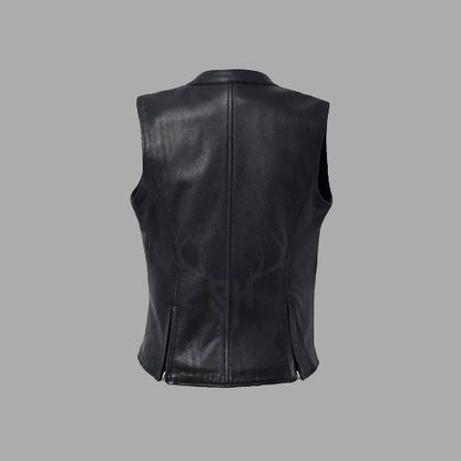 Customizable zippered black leather vest for women, made from A+ cowhide leather with brass zippers, perfect for club members and motorcycle enthusiasts.