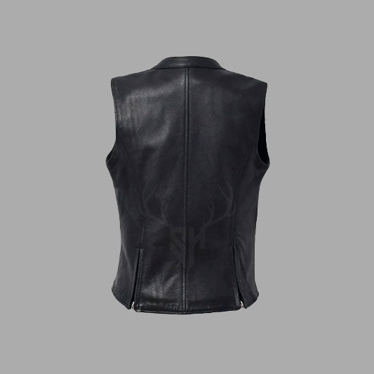 Customizable zippered black leather vest for women, made from A+ cowhide leather with brass zippers, perfect for club members and motorcycle enthusiasts.