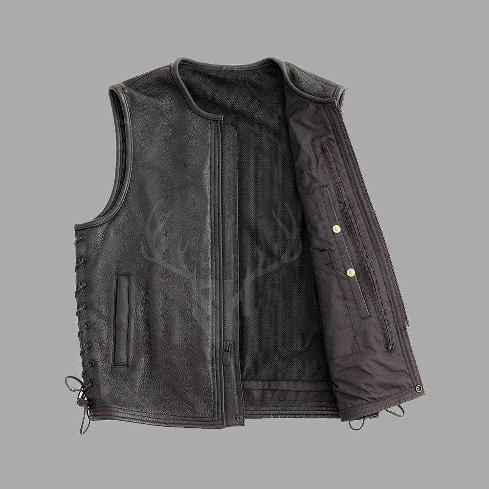 Designed for custom biker gear lovers, this black cowhide leather vest includes brass accessories, side laces for a tailored fit, and space for patches or engravings.