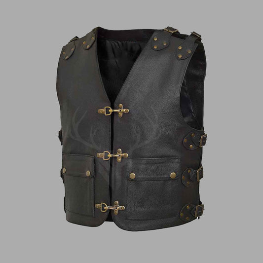 Detailed close-up of Gravemarch MC Vest showing buffalo leather texture, snap hook closure hardware, and precision hand-stitched seams on matte black leather surface.

