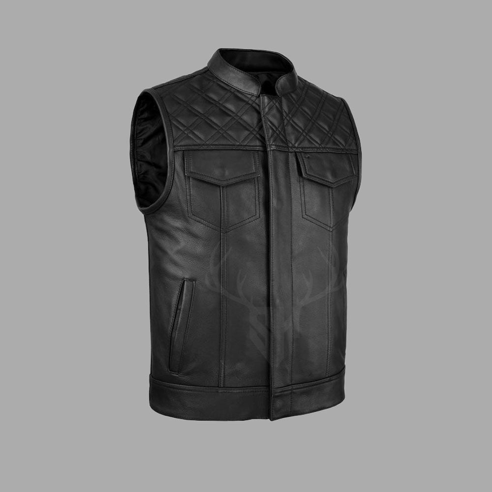 Diamondback Classic Leather MC Vest for men featuring diamond stitching detail, A+ Grade cowhide leather, and antique brass buttons. Customizable biker vest with polyester lining, perfect for motorcycle club members and solo riders seeking a rugged and personalized look.
