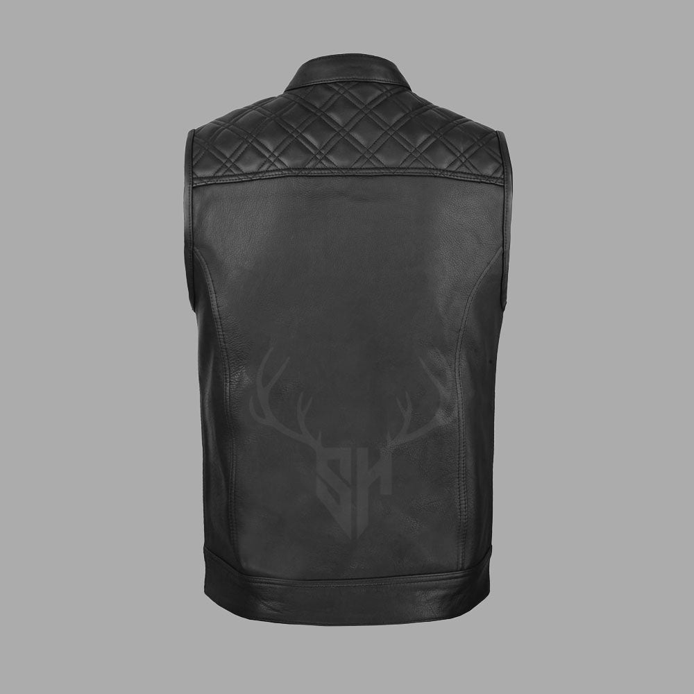 Back view of the customizable Diamondback Classic MC Vest, made from cowhide leather with full patch-ready panel, breathable polyester lining, and classic diamond-stitched design. Built for bikers and motorcycle clubs.