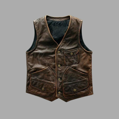 Distressed vintage leather biker vest in dark brown made from A+ cowhide, ideal for riders seeking both rugged style and practical multi-pocket functionality.