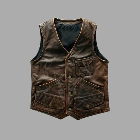Distressed vintage leather biker vest in dark brown made from A+ cowhide, ideal for riders seeking both rugged style and practical multi-pocket functionality.
