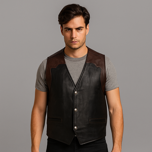 Dualcore Brown & Black Leather Biker Vest leather biker vest by Staghide