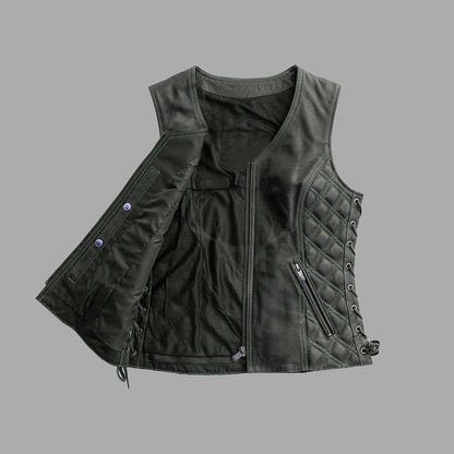 Fringed cowhide leather vest designed for female motorcycle riders, combining durability with a rebellious aesthetic and customizable patch-ready surface.