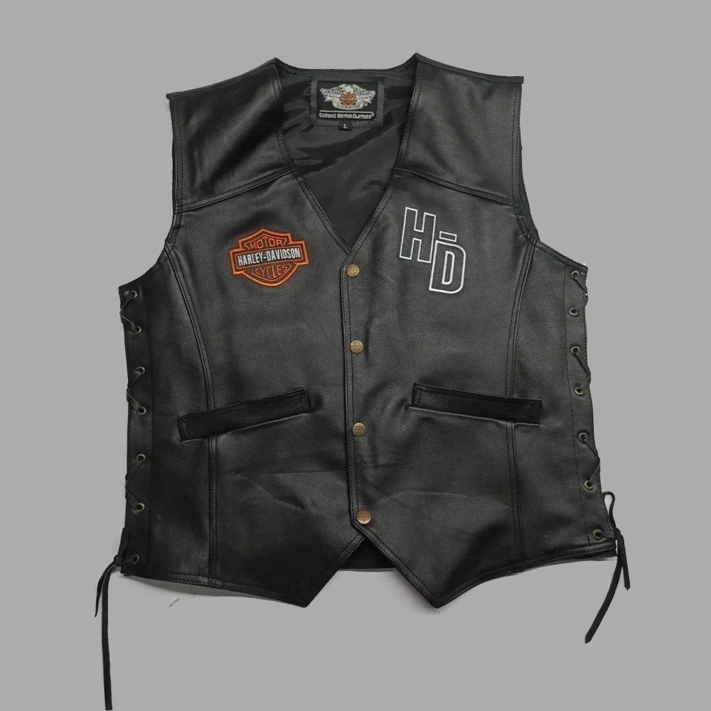 Front-facing image of the Harley Davidson Men's Black Cowhide Café Racer Vest, crafted from premium genuine leather. Features a classic café racer cut with a button-front closure and Harley-Davidson embroidered logos. Perfect for motorcycle enthusiasts looking for iconic biker style and rugged performance.

