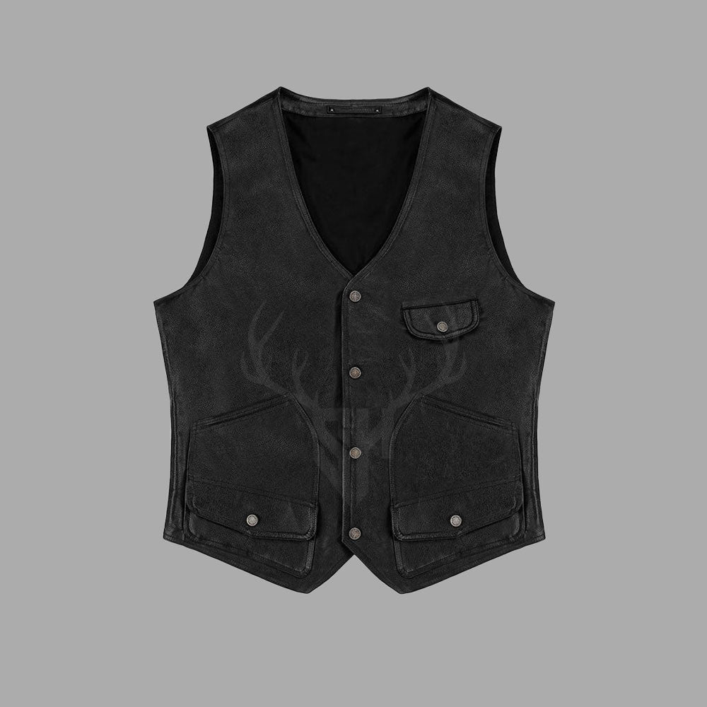 Front-facing view of the Roadveil Vintage Leather Utility Vest in distressed black cowhide leather, displayed on a white background. Features include multiple front pockets, brass buttons, and durable handmade construction, ideal for motorcycle club vests and rugged biker fashion.

