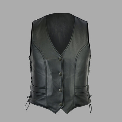 Front view of Blackthorn Cowhide Biker Vest in black, displayed on a white background, featuring snap button closure, side lace adjustments, and smooth cowhide leather texture—perfect for motorcycle club riders and custom vest listings.

