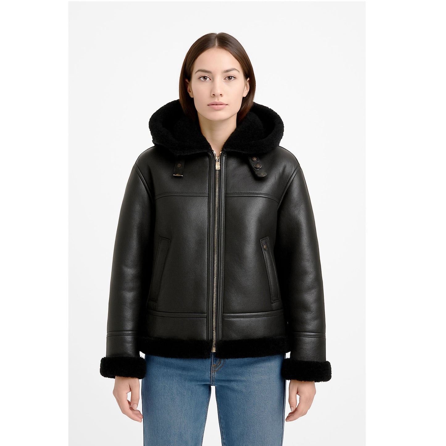 Front view of the Ardelle Black Shearling Leather Jacket for women, crafted from goatskin leather with faux fur shearling lining. The oversized fit, zip closure, and hooded design create a cozy yet stylish winter look. Shearling cuffs and hem enhance warmth and texture, making this jacket perfect for women seeking a durable, chic oversized shearling leather coat for everyday winter wear.