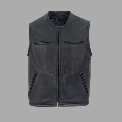 Front view of the Shadowline Men's No-Collar Leather Motorcycle Vest showing full-zip closure, two chest zip pockets, and sleek black cowhide leather finish