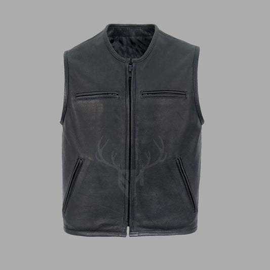 Front view of the Shadowline Men's No-Collar Leather Motorcycle Vest showing full-zip closure, two chest zip pockets, and sleek black cowhide leather finish