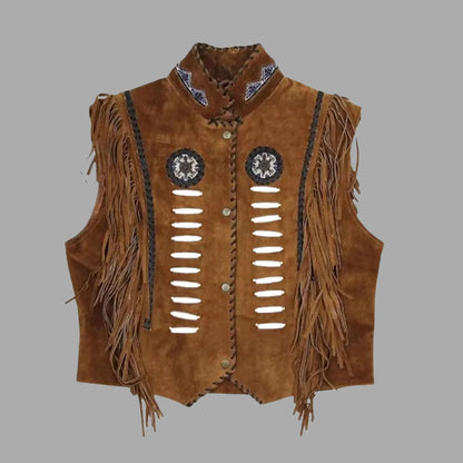 Front view of the Sundown brown suede cowboy vest showcasing long fringe, handcrafted beaded detailing, and rustic Western design for festivals and events.

