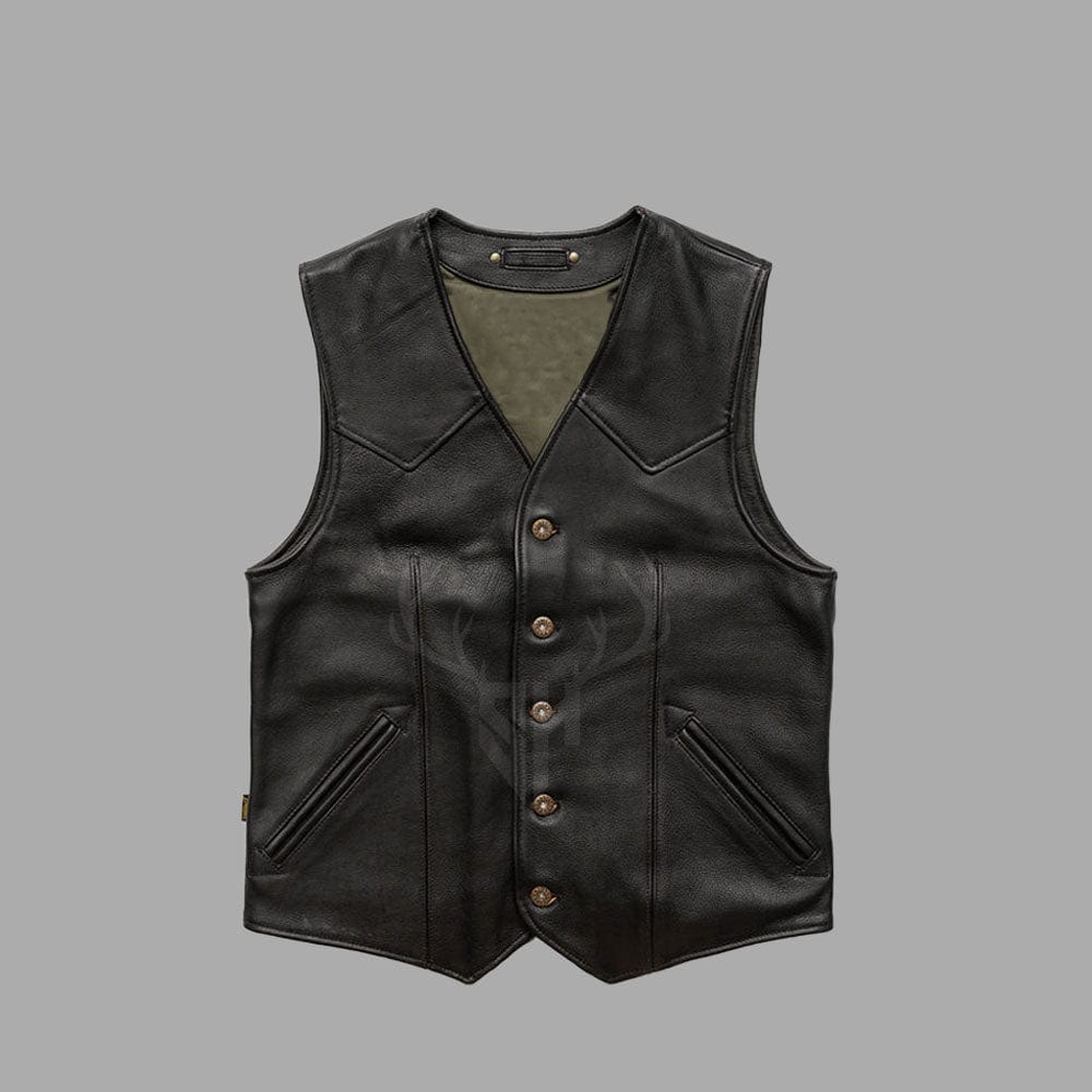 Frontal image of the Ironhide Black Goatskin MC Vest for men, featuring premium A+ goatskin leather, side lacing for a snug fit, antique brass hardware, and dual utility pockets, offering both function and bold motorcycle club aesthetics for customized biker apparel.

